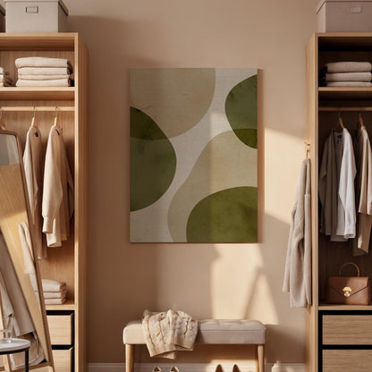 Abstract Organic Shape Canvas Art, Framed Minimalist Green and Beige Wall Decor with Soft Curves, Modern Zen Inspired Interior Artwork