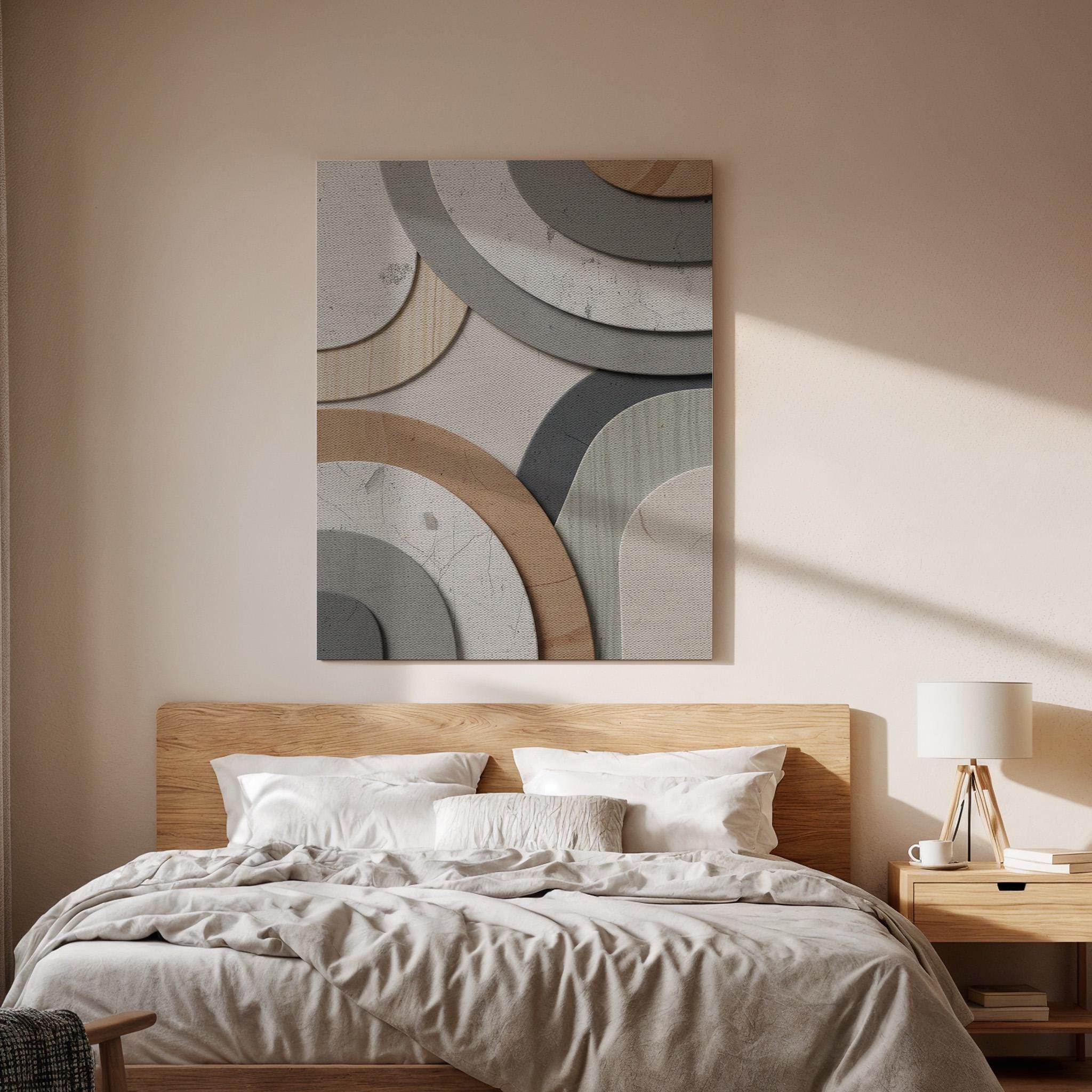 Abstract Geometric Arc Canvas Art, Framed Modern Neutral Wall Decor with Layered Curves, Minimalist Beige and Gray Contemporary Artwork