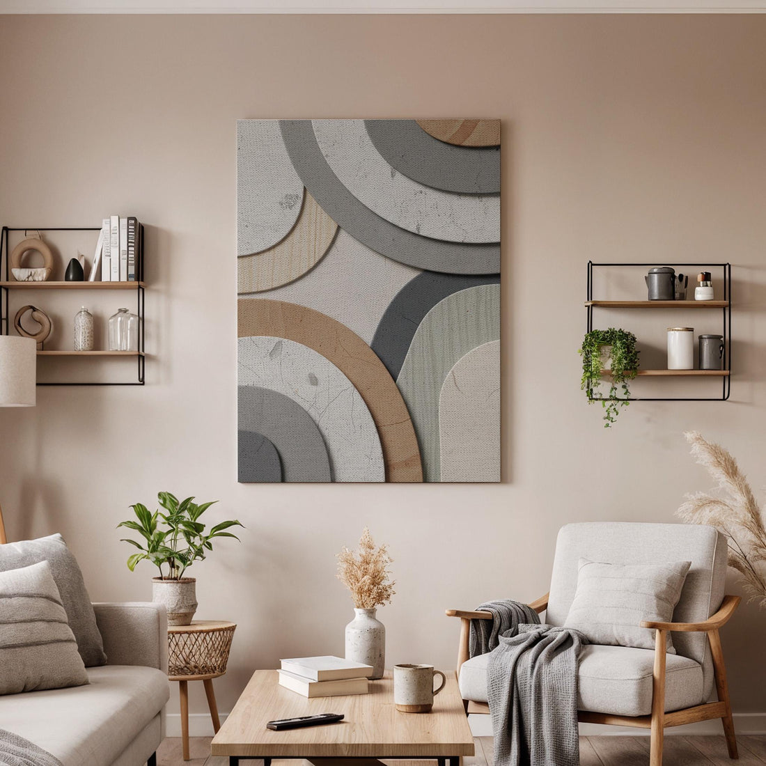 Abstract Geometric Arc Canvas Art, Framed Modern Neutral Wall Decor with Layered Curves, Minimalist Beige and Gray Contemporary Artwork