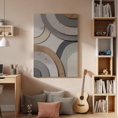 Abstract Geometric Arc Canvas Art, Framed Modern Neutral Wall Decor with Layered Curves, Minimalist Beige and Gray Contemporary Artwork