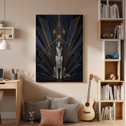 Art Deco Dog Canvas Art, Framed Luxury Animal Wall Decor with Gold Geometric Lines, Elegant Dark Blue and Black Modern Statement Artwork