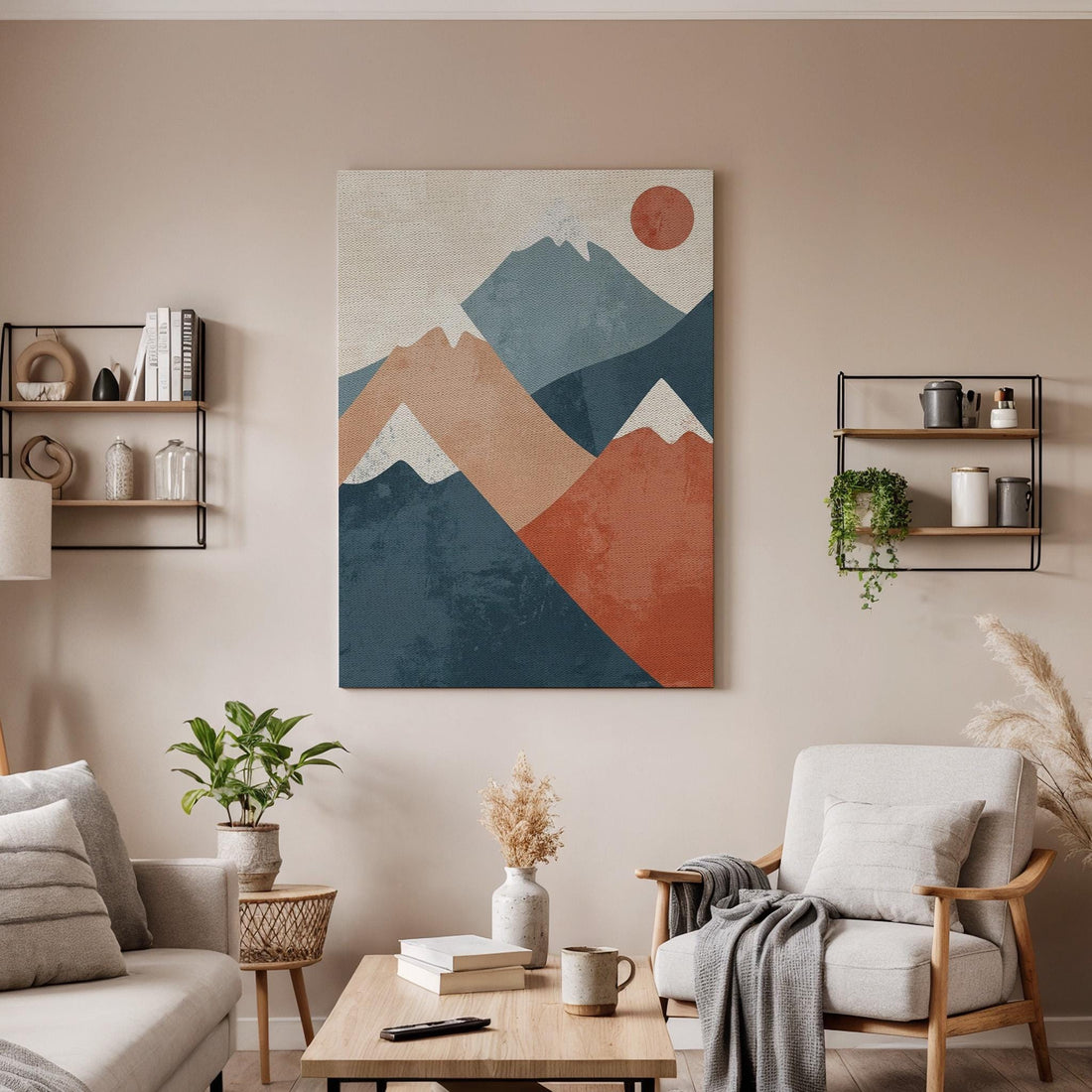 Abstract Mountain Landscape Canvas Art, Framed Modern Geometric Wall Decor with Sun, Minimalist EarthTone Artwork for Contemporary Interiors