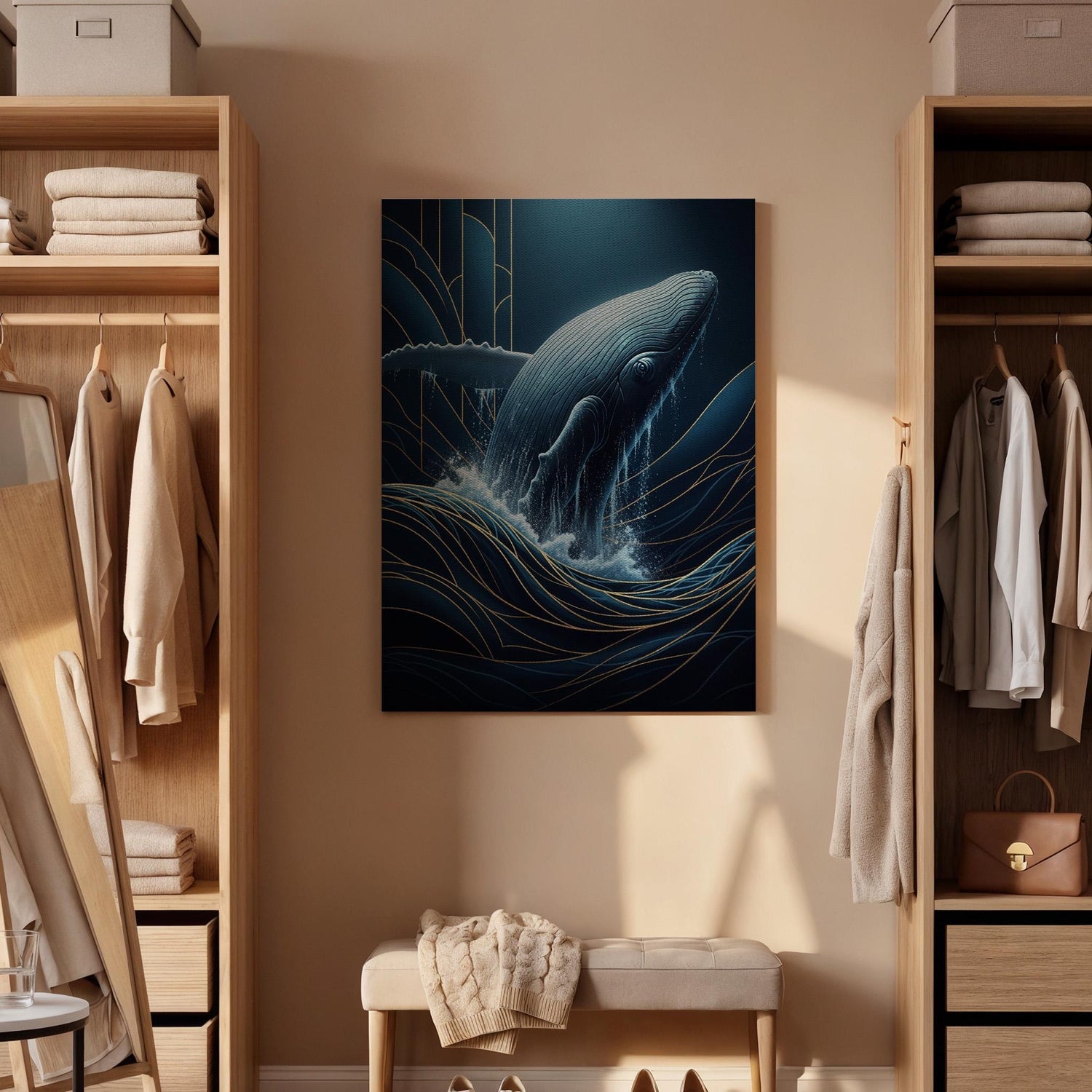 Majestic Whale Ocean Canvas Art, Framed Deep Blue and Gold Marine Wall Decor, Elegant Sea Life Illustration for Modern Coastal Interiors