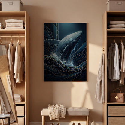 Majestic Whale Ocean Canvas Art, Framed Deep Blue and Gold Marine Wall Decor, Elegant Sea Life Illustration for Modern Coastal Interiors