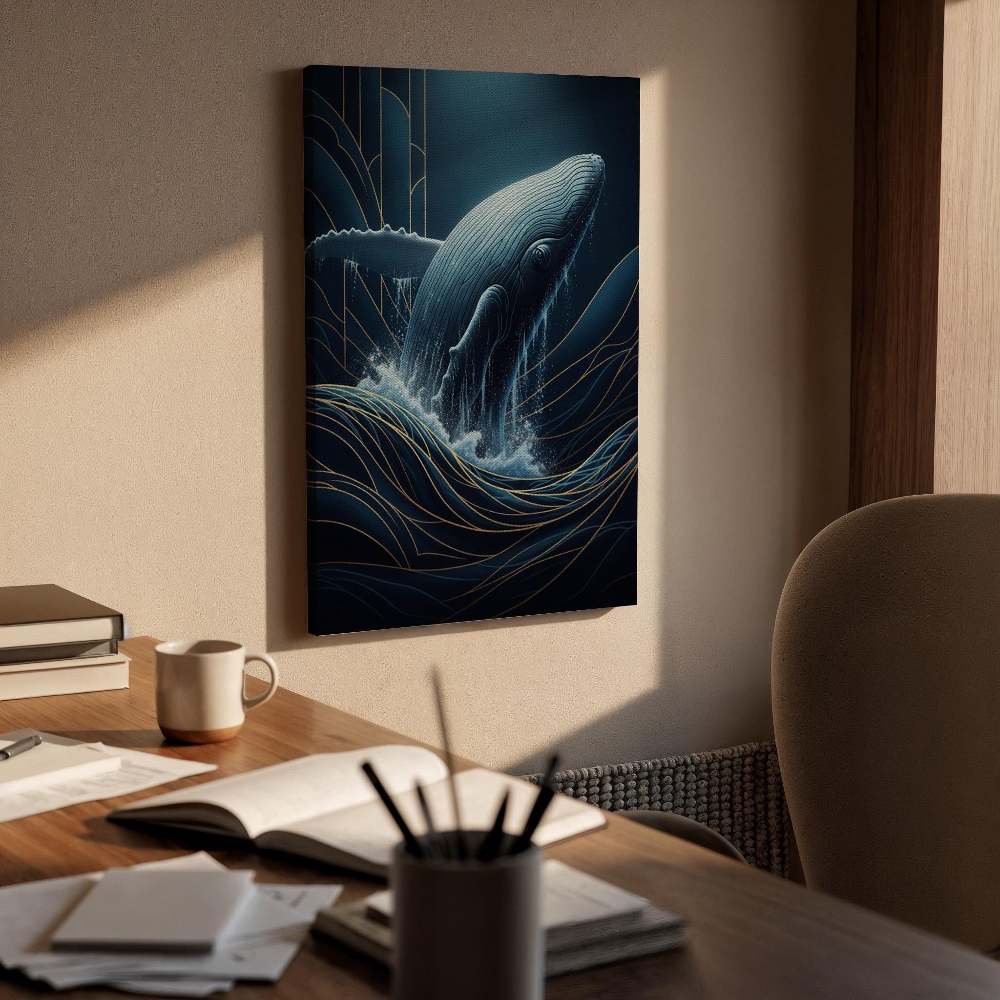 Majestic Whale Ocean Canvas Art, Framed Deep Blue and Gold Marine Wall Decor, Elegant Sea Life Illustration for Modern Coastal Interiors