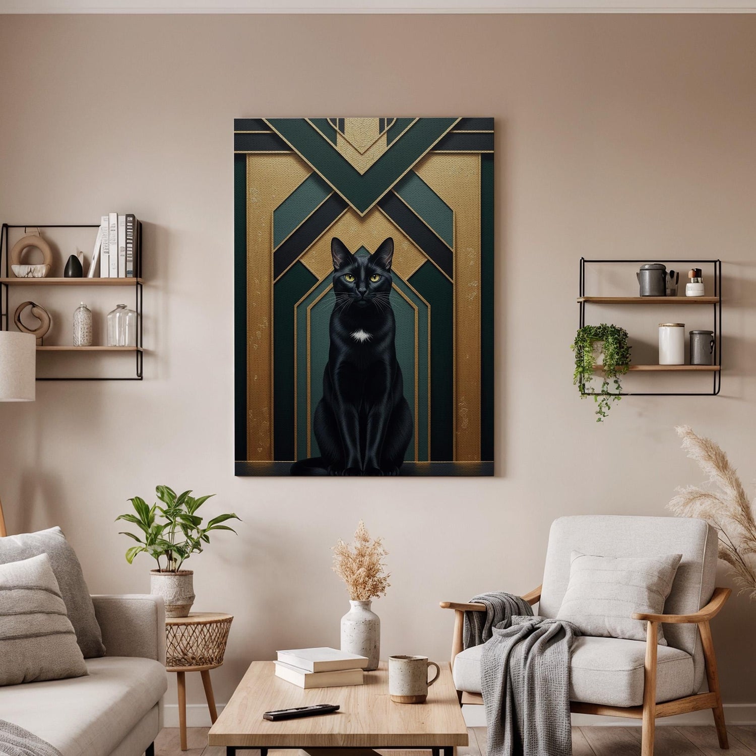 Elegant Black Cat Art Deco Canvas, Framed Gold and Emerald Geometric Wall Decor, Luxury Feline Illustration for Modern Glam Interiors