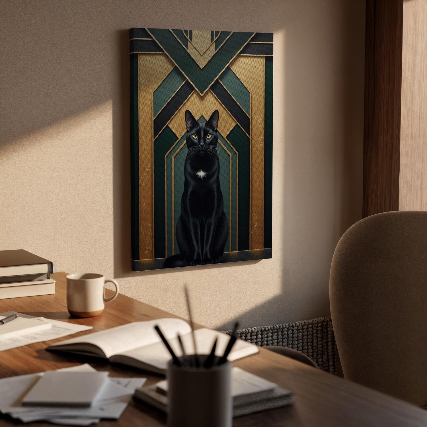 Elegant Black Cat Art Deco Canvas, Framed Gold and Emerald Geometric Wall Decor, Luxury Feline Illustration for Modern Glam Interiors