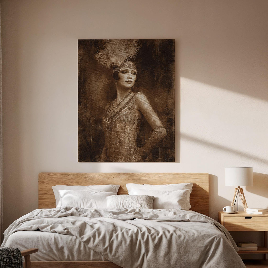 Vintage Art Deco Flapper Woman Canvas Art, Framed 1920s Jazz Age Portrait Wall Decor, Elegant Sepia Glam Illustration for Classic Interiors