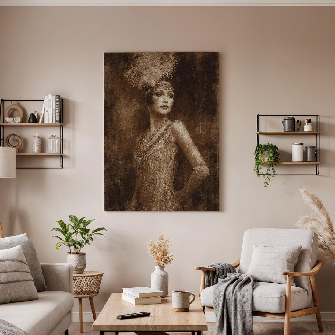 Vintage Art Deco Flapper Woman Canvas Art, Framed 1920s Jazz Age Portrait Wall Decor, Elegant Sepia Glam Illustration for Classic Interiors
