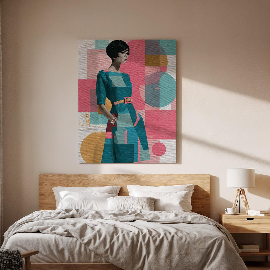 Mid Century Modern Woman Framed Canvas Art, Retro Geometric Female Portrait with Bold Colors, Vintage Style Wall Decor, Canvas Wall Decor
