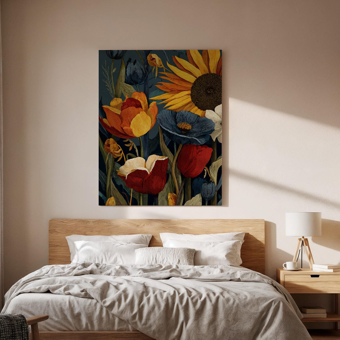 Vintage Floral Framed Canvas Art, Botanical Flower Illustration with Sunflower and Wild Blooms, Elegant Classic Garden Wall Decor, Home Art