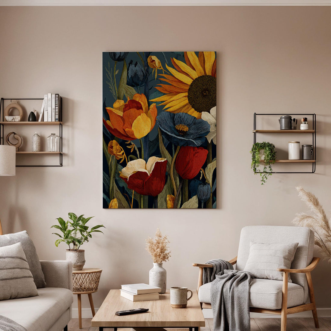 Vintage Floral Framed Canvas Art, Botanical Flower Illustration with Sunflower and Wild Blooms, Elegant Classic Garden Wall Decor, Home Art
