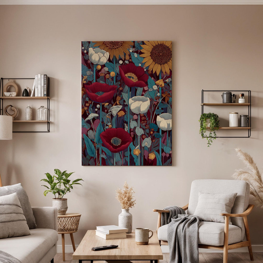 Vintage Floral Framed Canvas Art, Botanical Garden Illustration with Sunflowers and Poppies, Elegant Classic Nature Wall Decor, New Home Art