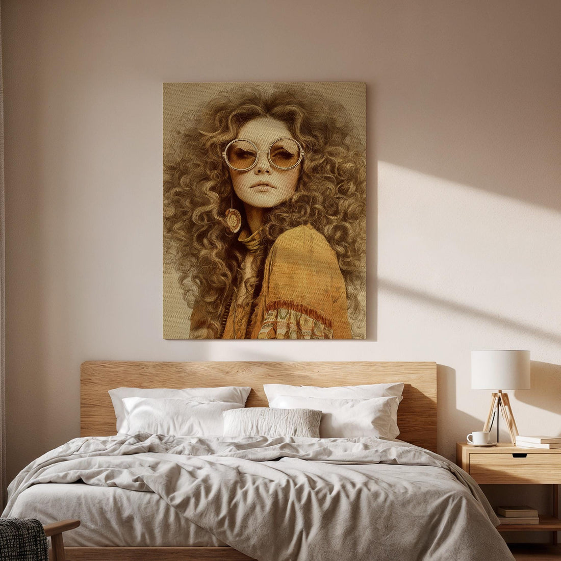 Bohemian Framed Canvas Art, Retro Woman Portrait with Round Sunglasses, Vintage 70s Style Female Illustration Wall Decor, Canvas Wall Decor