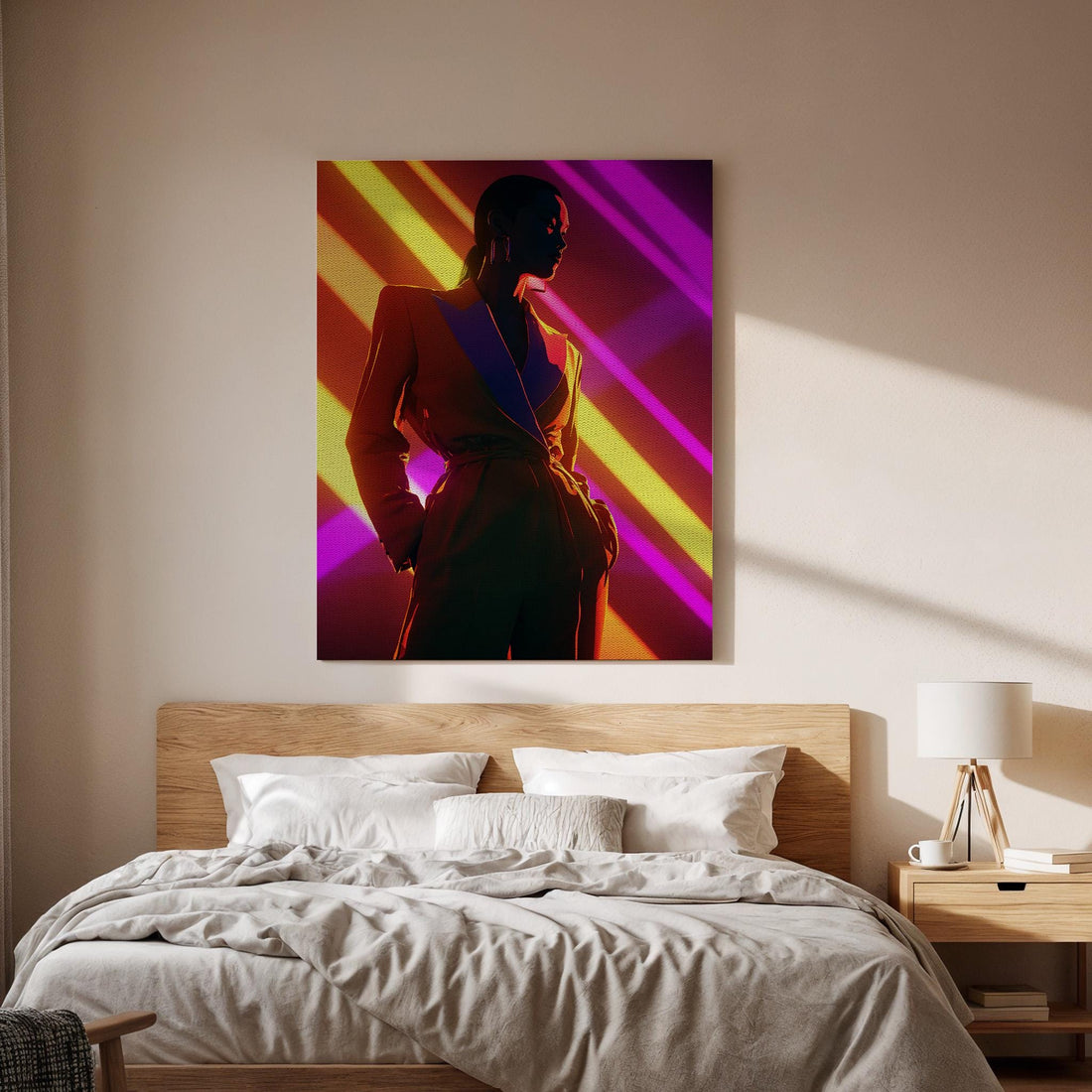 Neon Framed Canvas Art, Modern Fashion Woman Silhouette with Colorful Light Beams, Contemporary Female Portrait Wall Decor, New Home Gift