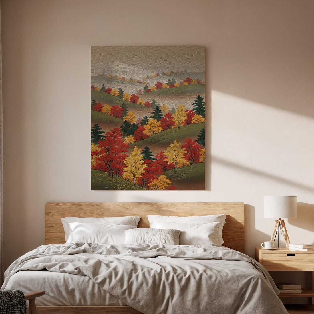 Autumn Landscape Framed Canvas Art, Colorful Fall Trees and Rolling Hills Illustration, Cozy Nature Wall Decor for Home, Canvas Wall Decor