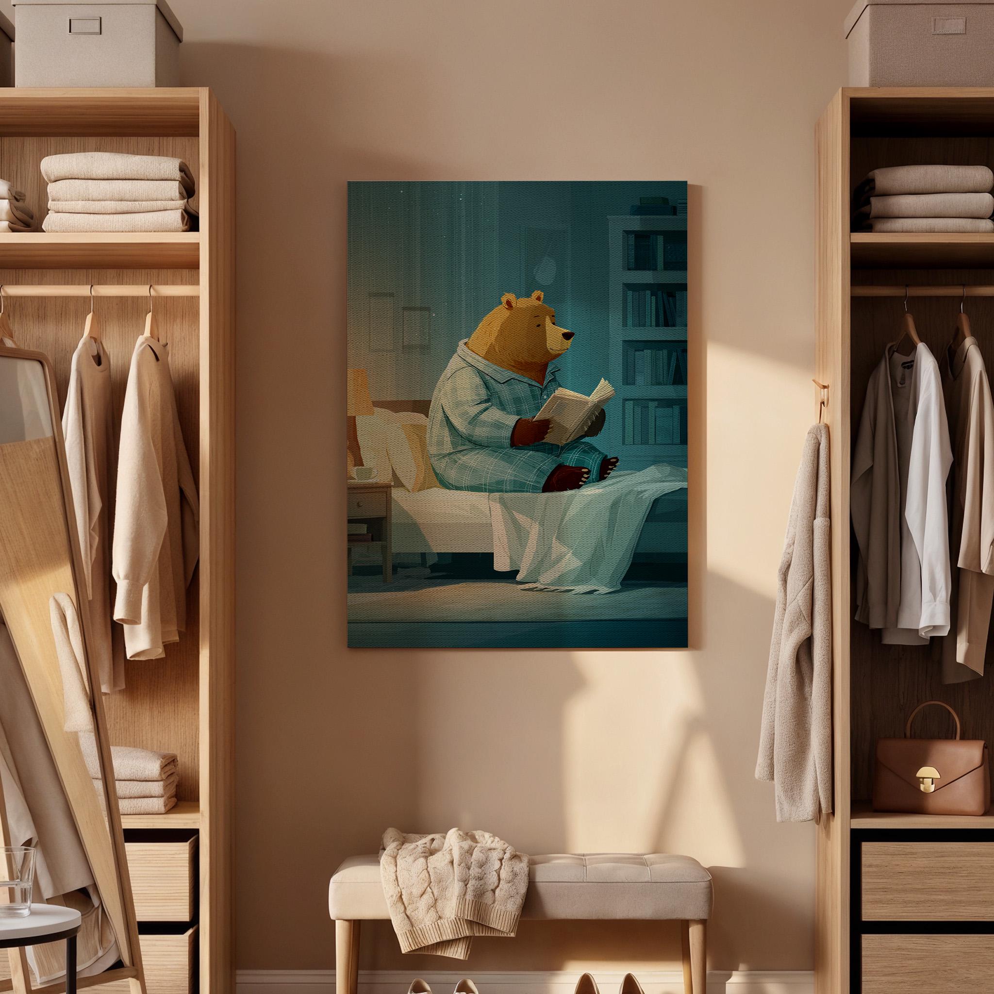 Framed Cozy Bear Reading Canvas Art, Whimsical Animal Illustration, Cute Nighttime Story Wall Decor for Bedroom and Nursery, New Home Decor