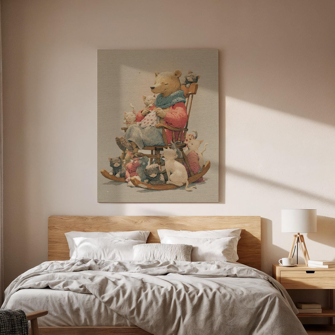 Storytime Bear Canvas Art with Framed Finish, Whimsical Animal Illustration with Cats, Cozy Nursery and Kids Room Wall Decor, Canvas Art