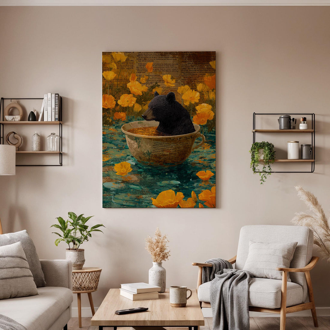 Whimsical Bear in Teacup Canvas Art, Framed Storybook Animal Illustration with Yellow Flowers, Cozy Fantasy Wall Decor for Nursery