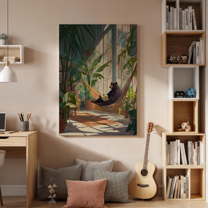 Whimsical Bear Hammock Canvas Art, Cozy Indoor Garden Illustration with Reading Bear, Relaxed Nature Scene Wall Decor, Framed Artwork
