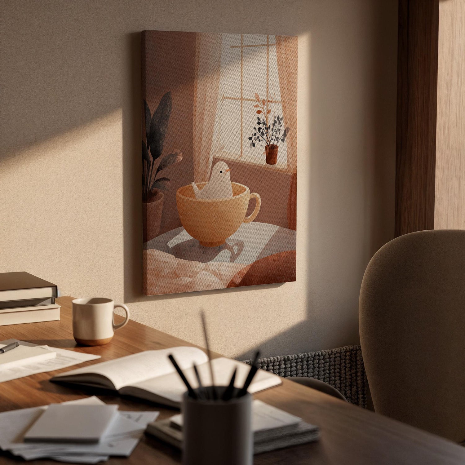 Cozy Bird in Teacup Canvas Art, Minimalist Illustration with Warm Tones, Whimsical Home Decor Illustration for Bedroom, Framed Wall Art
