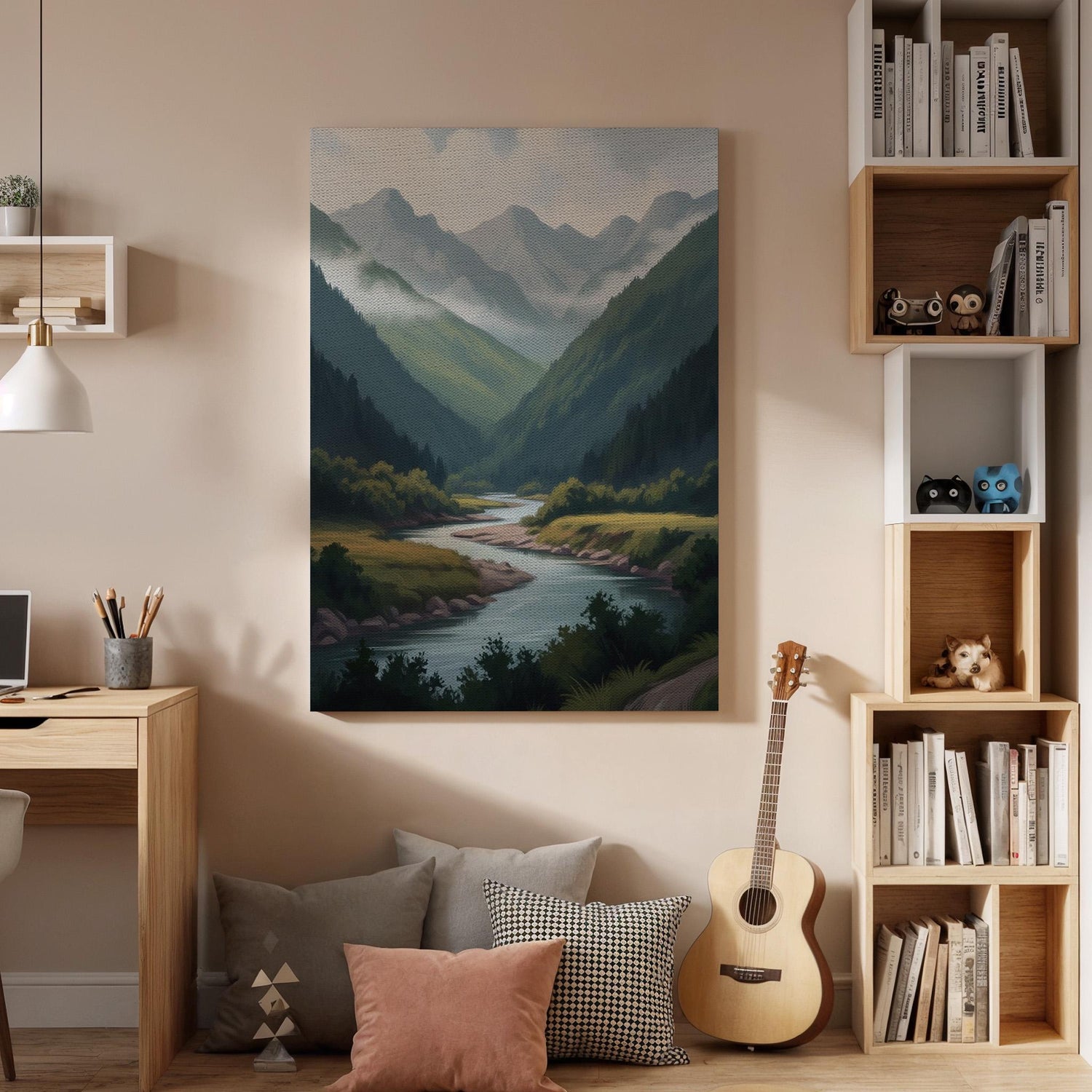 Serene Mountain River Canvas Art, Misty Green Valley Landscape Illustration, Calm Nature Wall Decor for Bedroom Living Room, Framed Wall Art