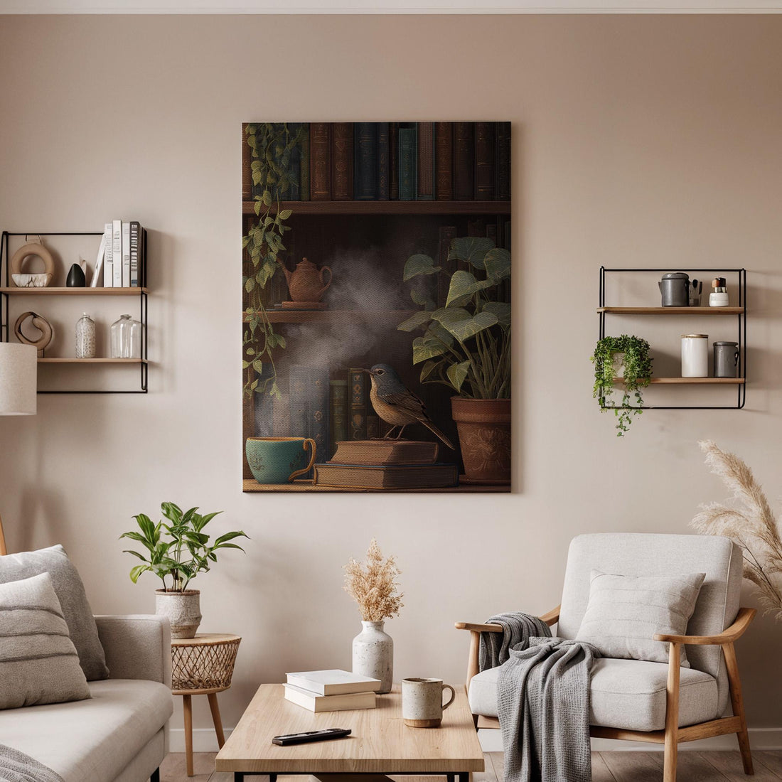 Cozy Library Bird Canvas Art, Vintage Bookshelf Illustration with Tea Cup and Green Plants, Warm Reading Nook Decor, Framed Wall Art