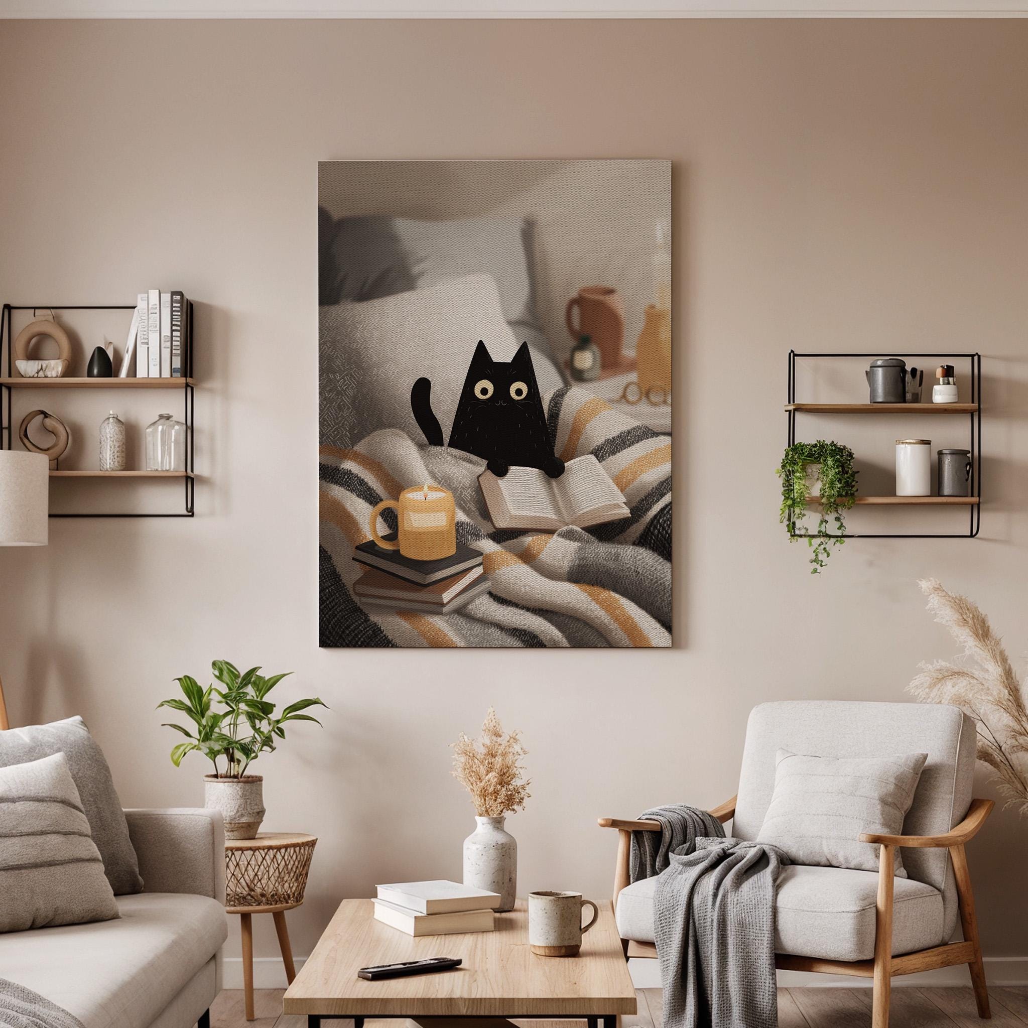 Cozy Black Cat Canvas Art, Cute Reading Cat Illustration with Candle and Books, Warm Bedroom Decor, Soft Neutral Tones, Framed Wall Art