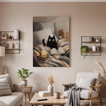 Cozy Black Cat Canvas Art, Cute Reading Cat Illustration with Candle and Books, Warm Bedroom Decor, Soft Neutral Tones, Framed Wall Art