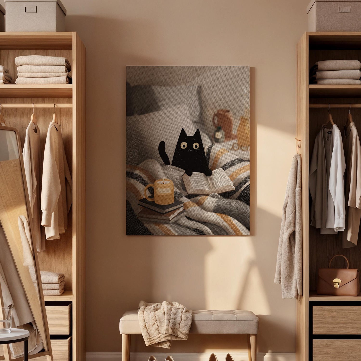 Cozy Black Cat Canvas Art, Cute Reading Cat Illustration with Candle and Books, Warm Bedroom Decor, Soft Neutral Tones, Framed Wall Art