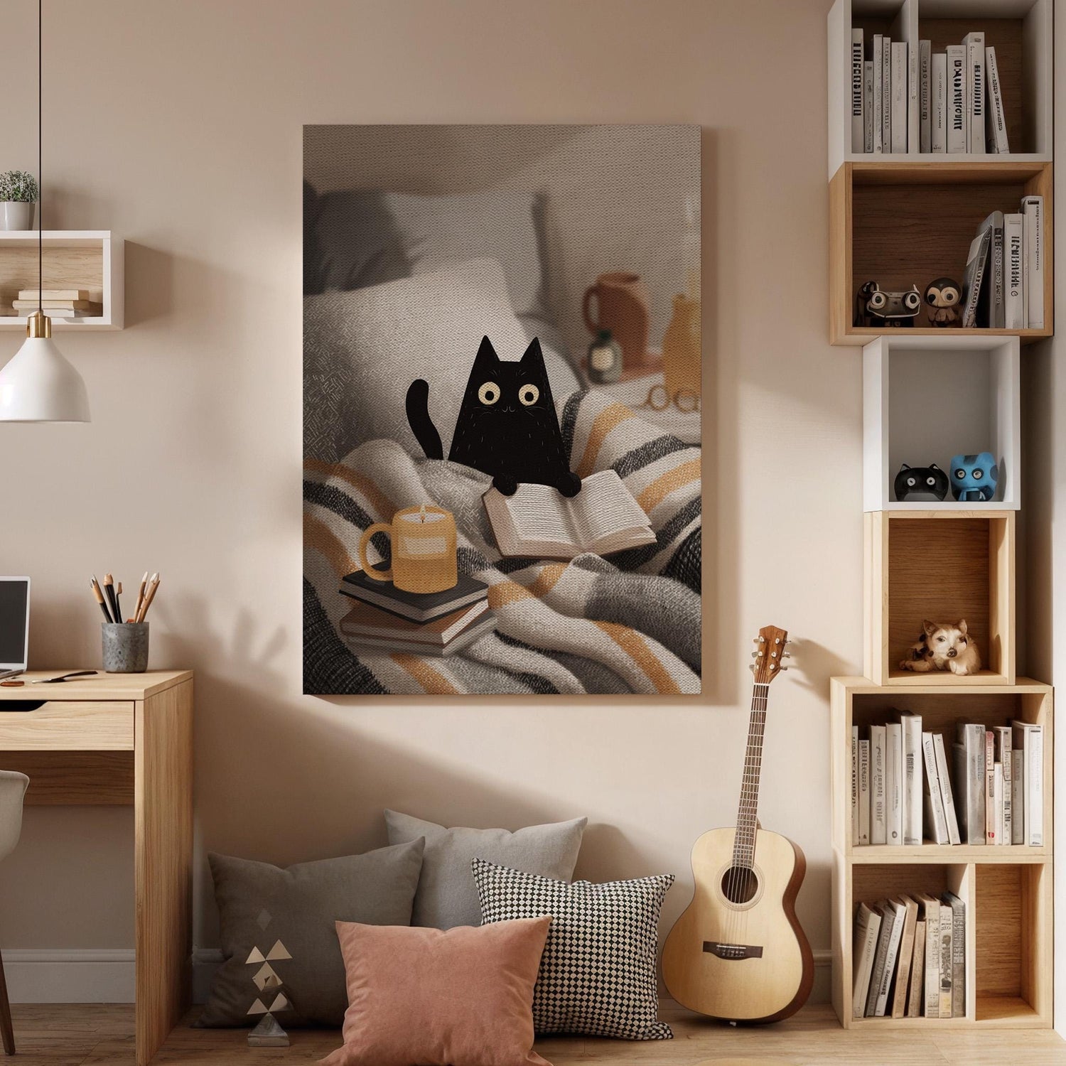 Cozy Black Cat Canvas Art, Cute Reading Cat Illustration with Candle and Books, Warm Bedroom Decor, Soft Neutral Tones, Framed Wall Art