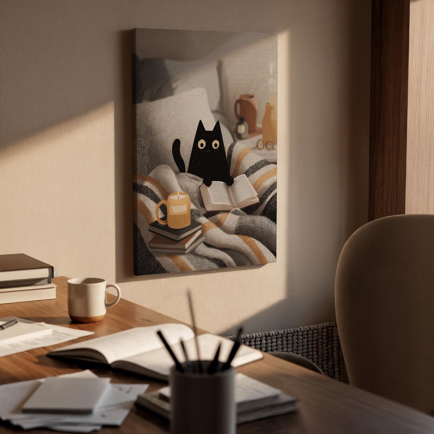 Cozy Black Cat Canvas Art, Cute Reading Cat Illustration with Candle and Books, Warm Bedroom Decor, Soft Neutral Tones, Framed Wall Art