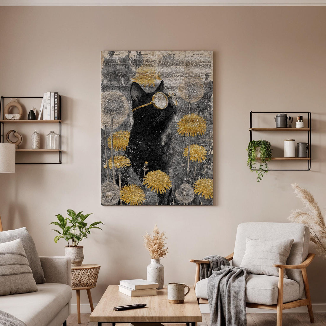 Vintage Black Cat Canvas Art, Surreal Cat with Monocle and Yellow Flowers, Antique Collage Style, Elegant Wall Decor, Framed Artwork