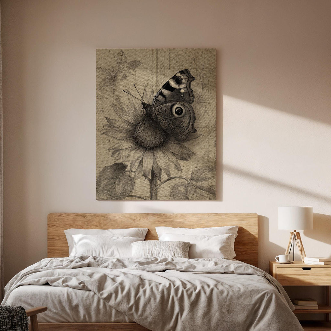 Vintage Butterfly Botanical Canvas Art, Detailed Floral Sketch with Antique Style Insect Illustration, Elegant Framed Wall Decor, Home Art