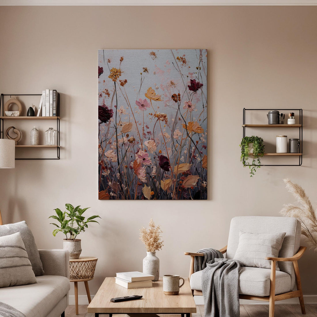 Soft Floral Meadow Canvas Art, Dreamy Wildflower Painting with Pastel Tones and Textured Details, Elegant Framed Wall Decor, New Home Gift