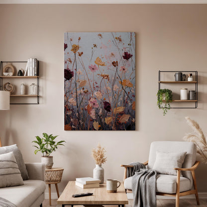 Soft Floral Meadow Canvas Art, Dreamy Wildflower Painting with Pastel Tones and Textured Details, Elegant Framed Wall Decor, New Home Gift