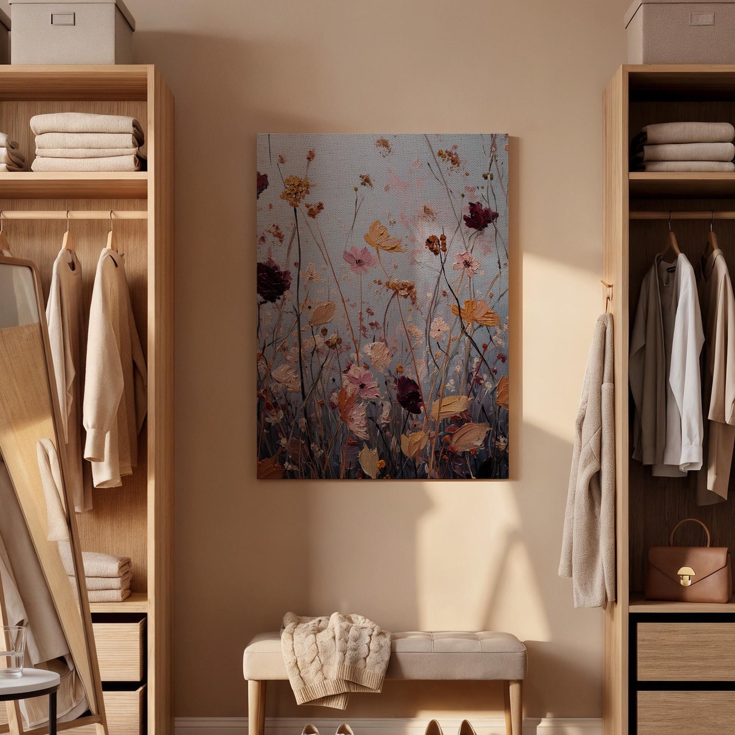 Soft Floral Meadow Canvas Art, Dreamy Wildflower Painting with Pastel Tones and Textured Details, Elegant Framed Wall Decor, New Home Gift
