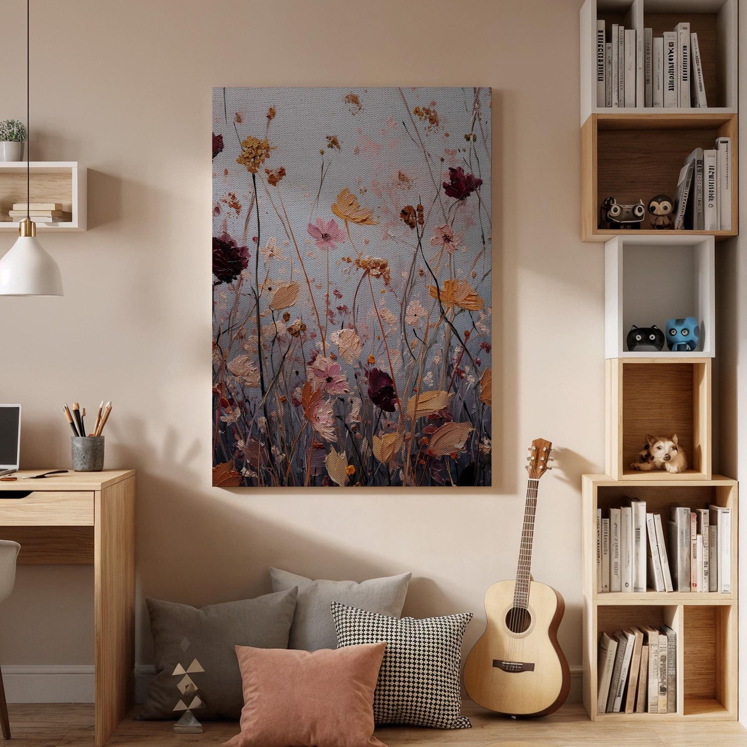 Soft Floral Meadow Canvas Art, Dreamy Wildflower Painting with Pastel Tones and Textured Details, Elegant Framed Wall Decor, New Home Gift