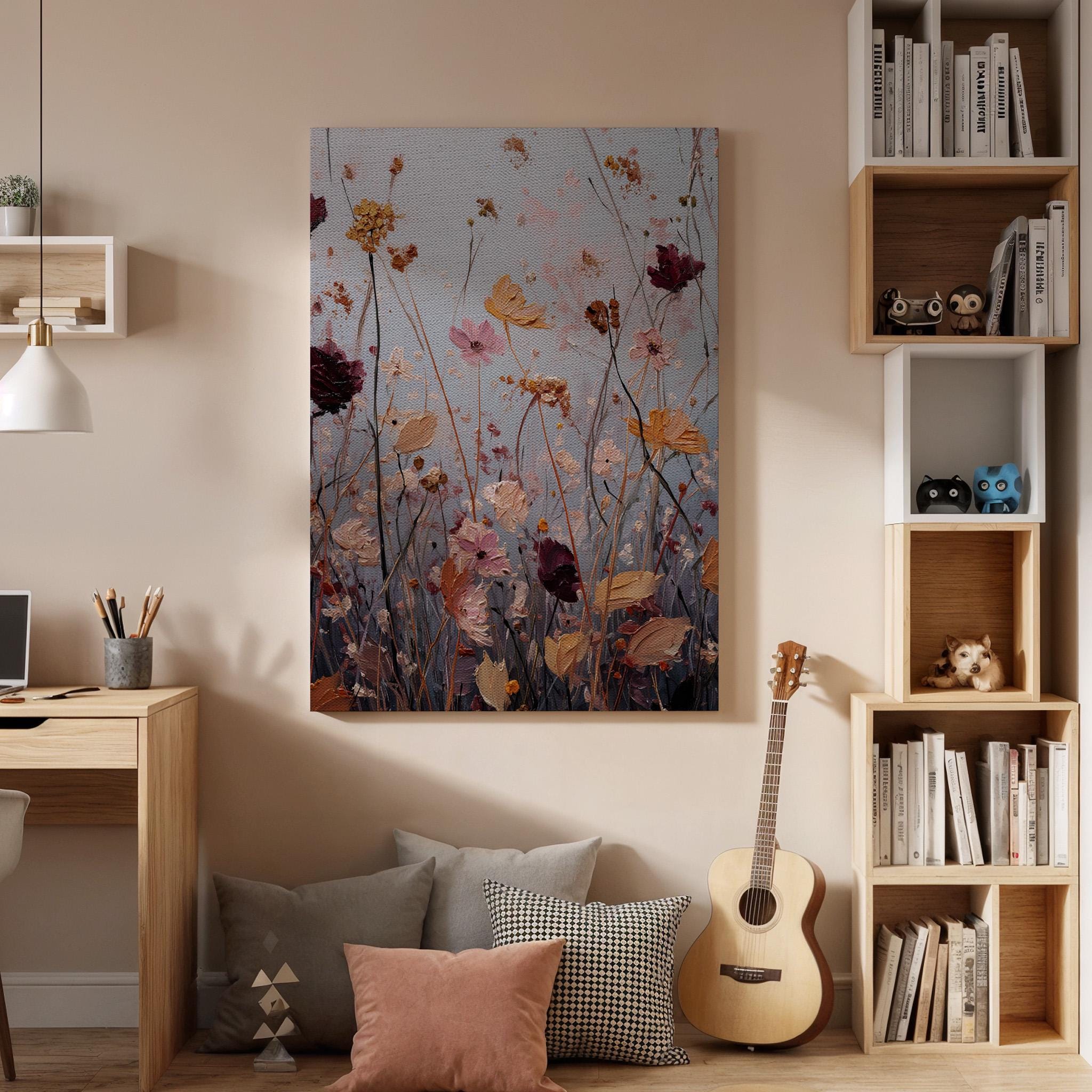 Soft Floral Meadow Canvas Art, Dreamy Wildflower Painting with Pastel Tones and Textured Details, Elegant Framed Wall Decor, New Home Gift