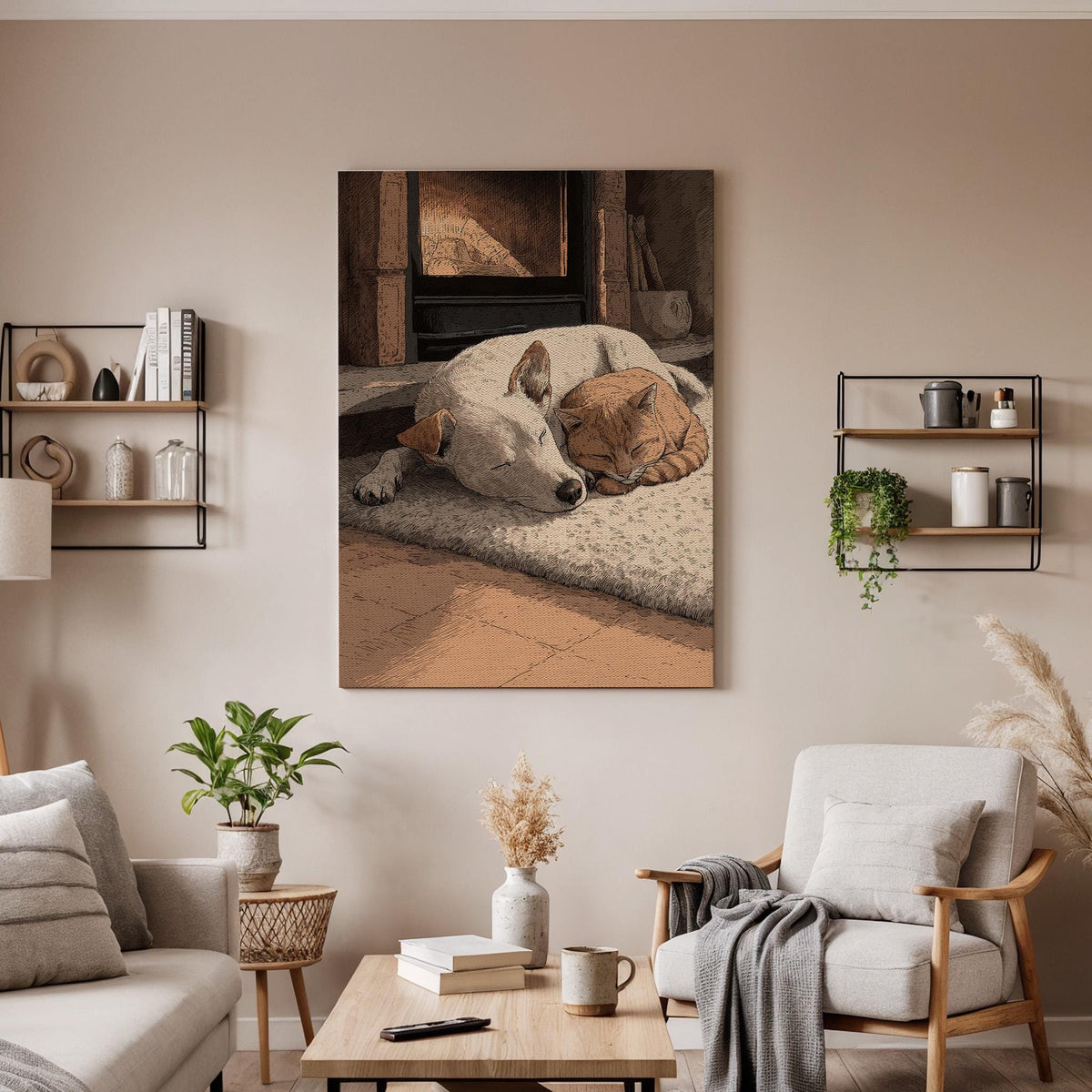 Cozy Animal Wall Art, Framed Canvas Decor, Sleeping Dog And Cat Illustration, Warm Home Scene Artwork, Bedroom Living Room Wall Decor