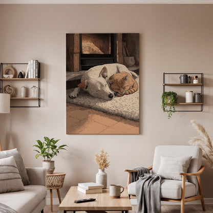 Cozy Animal Wall Art, Framed Canvas Decor, Sleeping Dog And Cat Illustration, Warm Home Scene Artwork, Bedroom Living Room Wall Decor