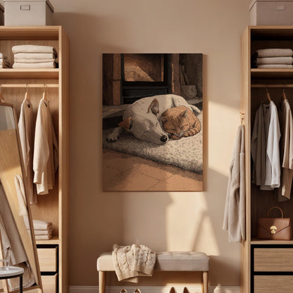 Cozy Animal Wall Art, Framed Canvas Decor, Sleeping Dog And Cat Illustration, Warm Home Scene Artwork, Bedroom Living Room Wall Decor