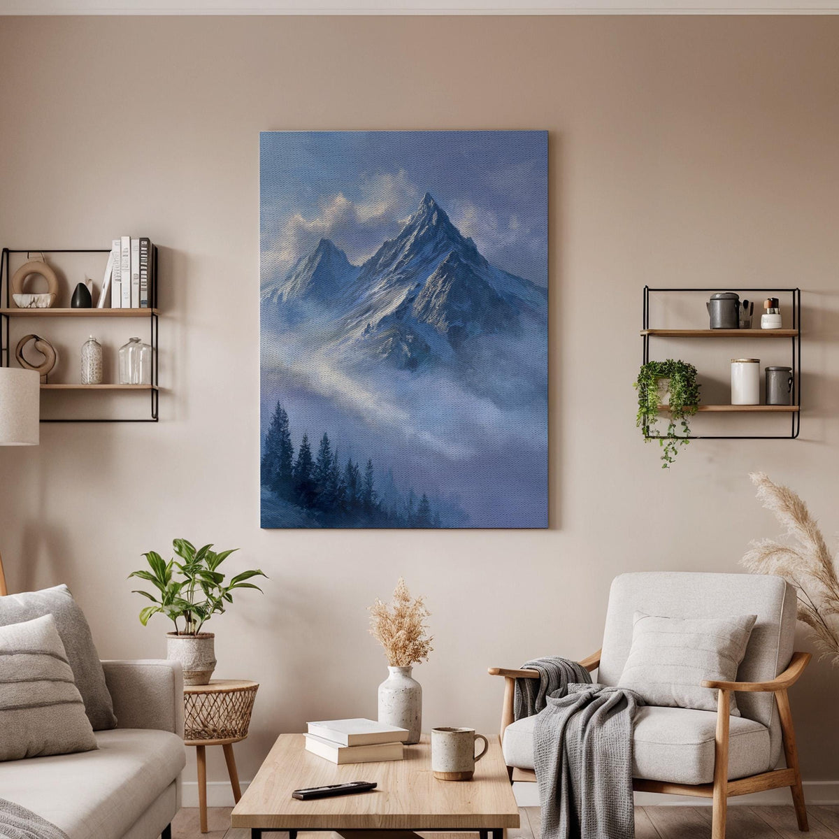 Framed Mountain Peaks, Misty Alpine Landscape, Soft Blue Sky Canvas, Snowy Summit Scene, Calm Nature Wall Decor, Canvas Wall Decor, Artwork