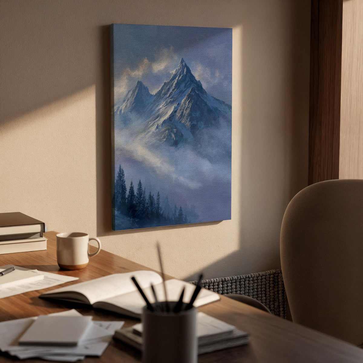 Framed Mountain Peaks, Misty Alpine Landscape, Soft Blue Sky Canvas, Snowy Summit Scene, Calm Nature Wall Decor, Canvas Wall Decor, Artwork