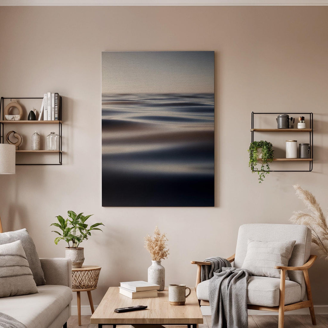 Soft Horizon Canvas, Calm Ocean View, Minimal Seascape Art, Framed Wall Decor, Blue Gray Tones, Modern Bedroom Canvas, Soft Lighting