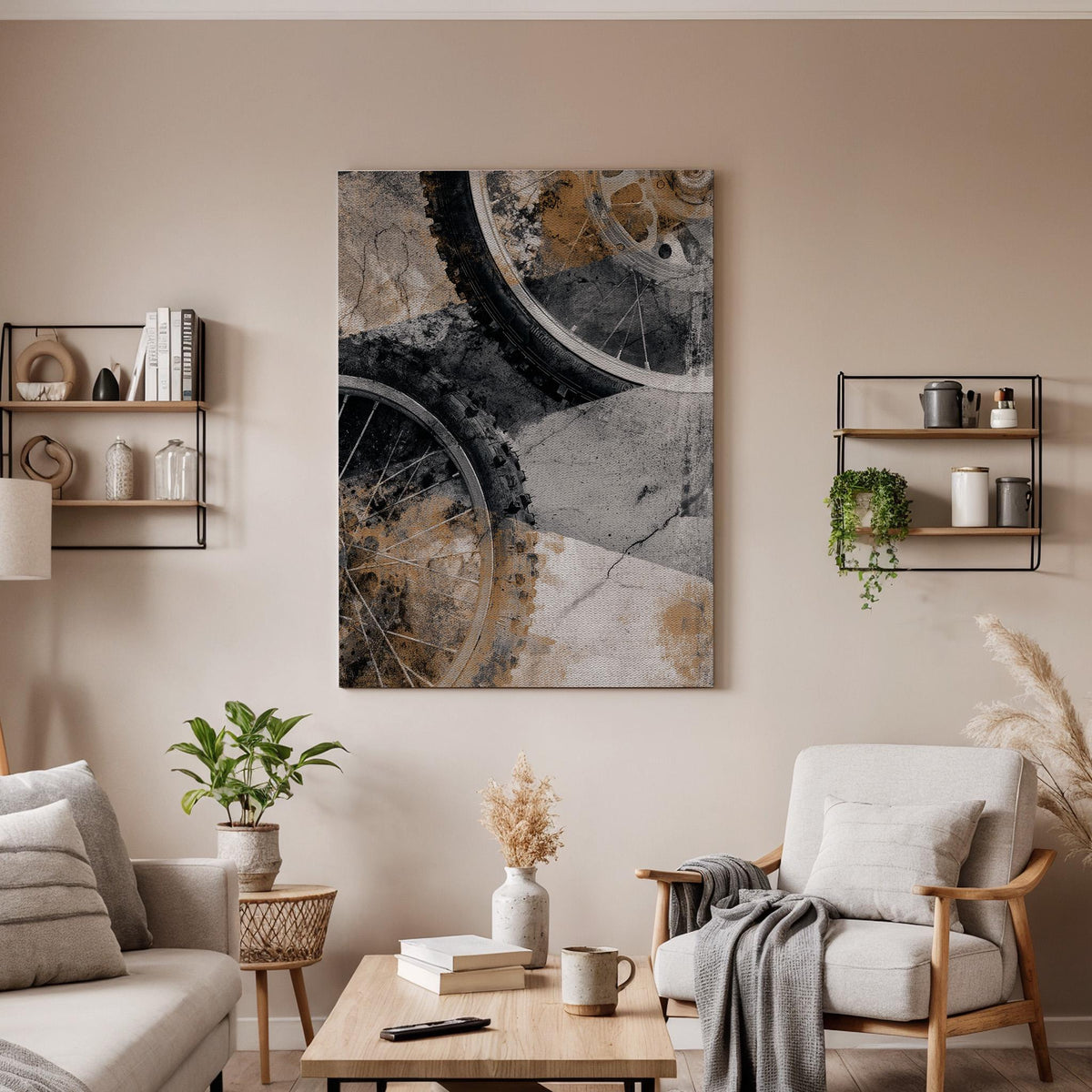 Industrial Abstract Wall Art, Framed Canvas Decor, Bicycle Wheel Texture, Urban Concrete Style, Modern Loft Interior Design, Canvas Artwork