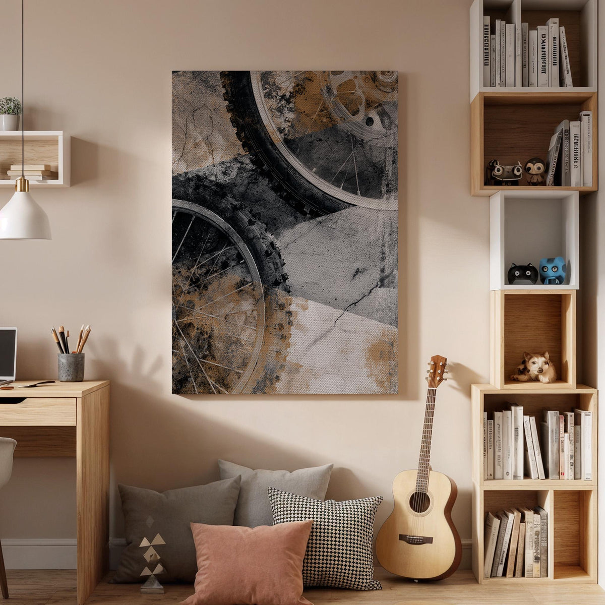 Industrial Abstract Wall Art, Framed Canvas Decor, Bicycle Wheel Texture, Urban Concrete Style, Modern Loft Interior Design, Canvas Artwork