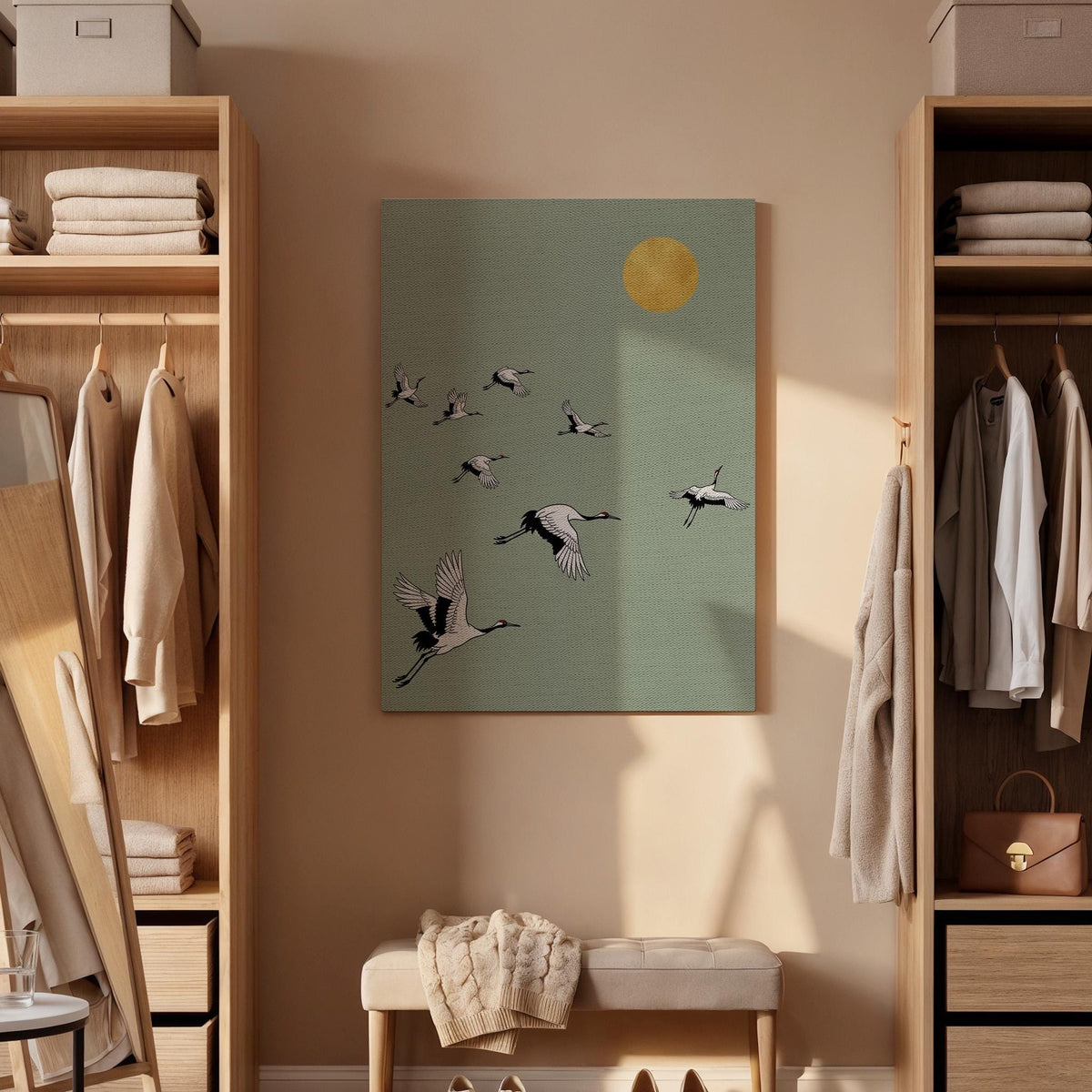 Flying Cranes Canvas Art, Framed Wall Decor, Japanese Inspired Illustration, Minimalist Nature Canvas Artwork, Serene Bedroom Wall Gift