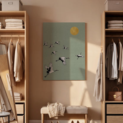 Flying Cranes Canvas Art, Framed Wall Decor, Japanese Inspired Illustration, Minimalist Nature Canvas Artwork, Serene Bedroom Wall Gift