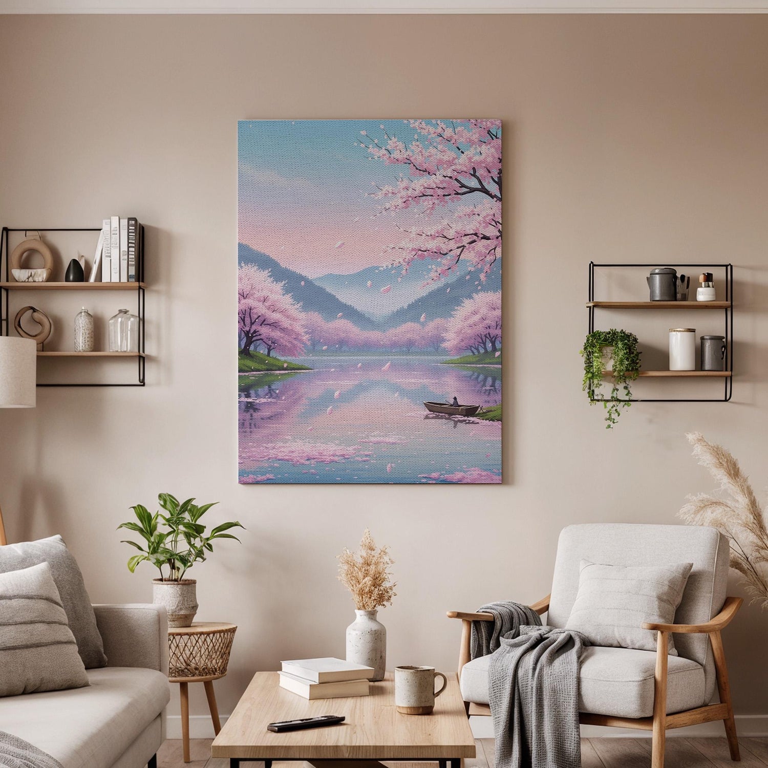Cherry Blossom Lake Canvas Art, Framed Wall Decor, Japanese Landscape Illustration, Serene Nature Canvas Artwork, Canvas Wall Decor
